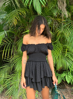 Black romper Can be worn on or off the shoulder Shirred waistband Ruffle detailing Elasticated neck & sleeves