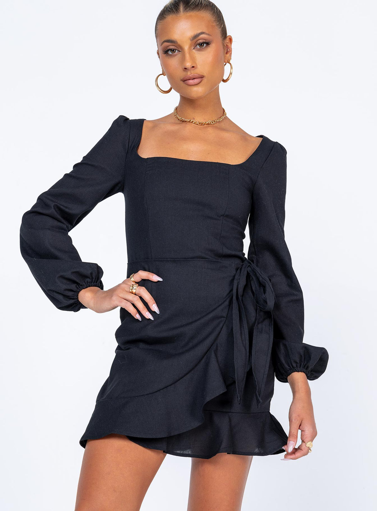 front view of model wearing Princess Polly The Villa Mini Dress Black 
