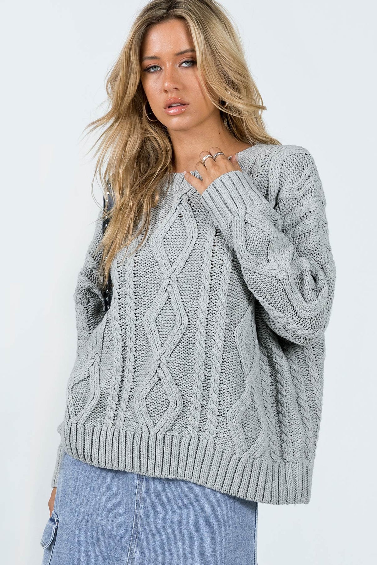back view of model wearing Princess Polly Anaya Oversized Sweater Grey Jumpers 