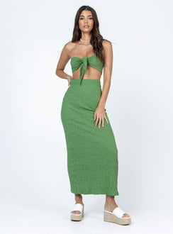 Matching set Crinkle material  Crop top  Can be tied multiple ways  High waisted maxi skirt  Invisible zip fastening at back  High back slit 