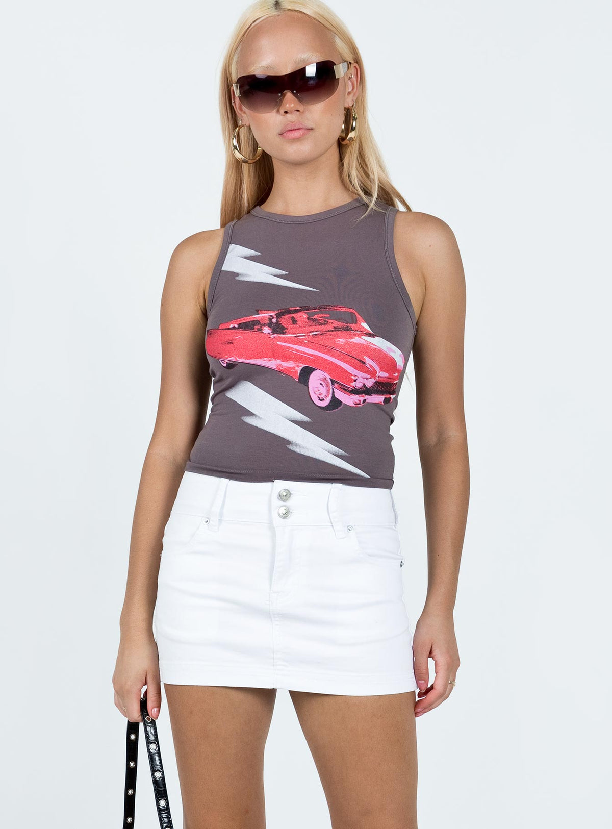   front view of model wearing Princess Polly Faya Low Rise Denim Mini Skirt White Mini Skirts Skirts 