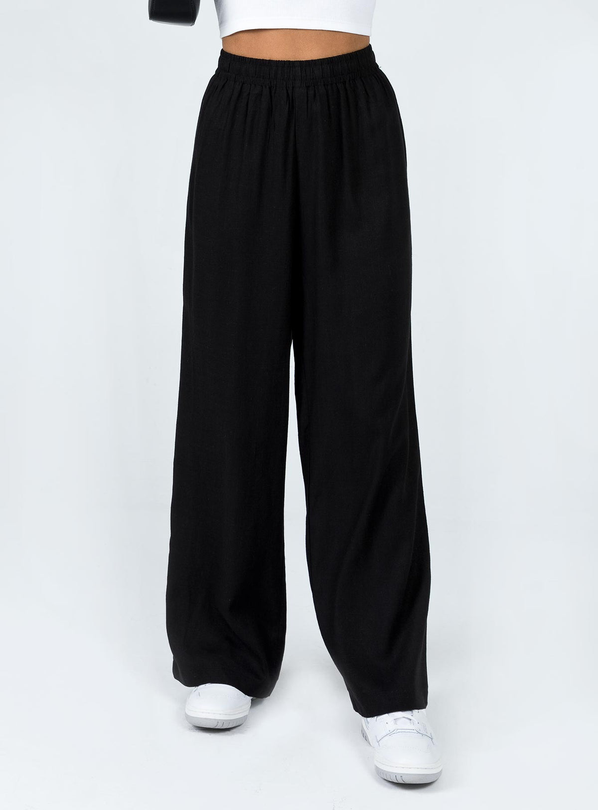 side view of model wearing Princess Polly Louis Linen Blend Pants Black High Rise Pants Pants 