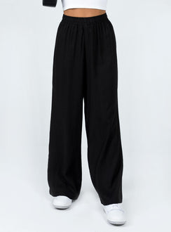 side view of model wearing Princess Polly Louis Linen Blend Pants Black High Rise Pants Pants 