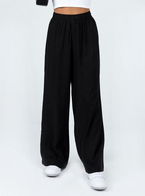 side view of model wearing Princess Polly Louis Linen Blend Pants Black High Rise Pants Pants 