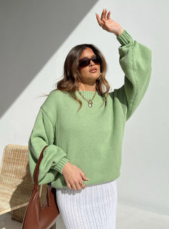 Front view of model wearing  front Harmony Knit Sweater Sage Princess Polly  