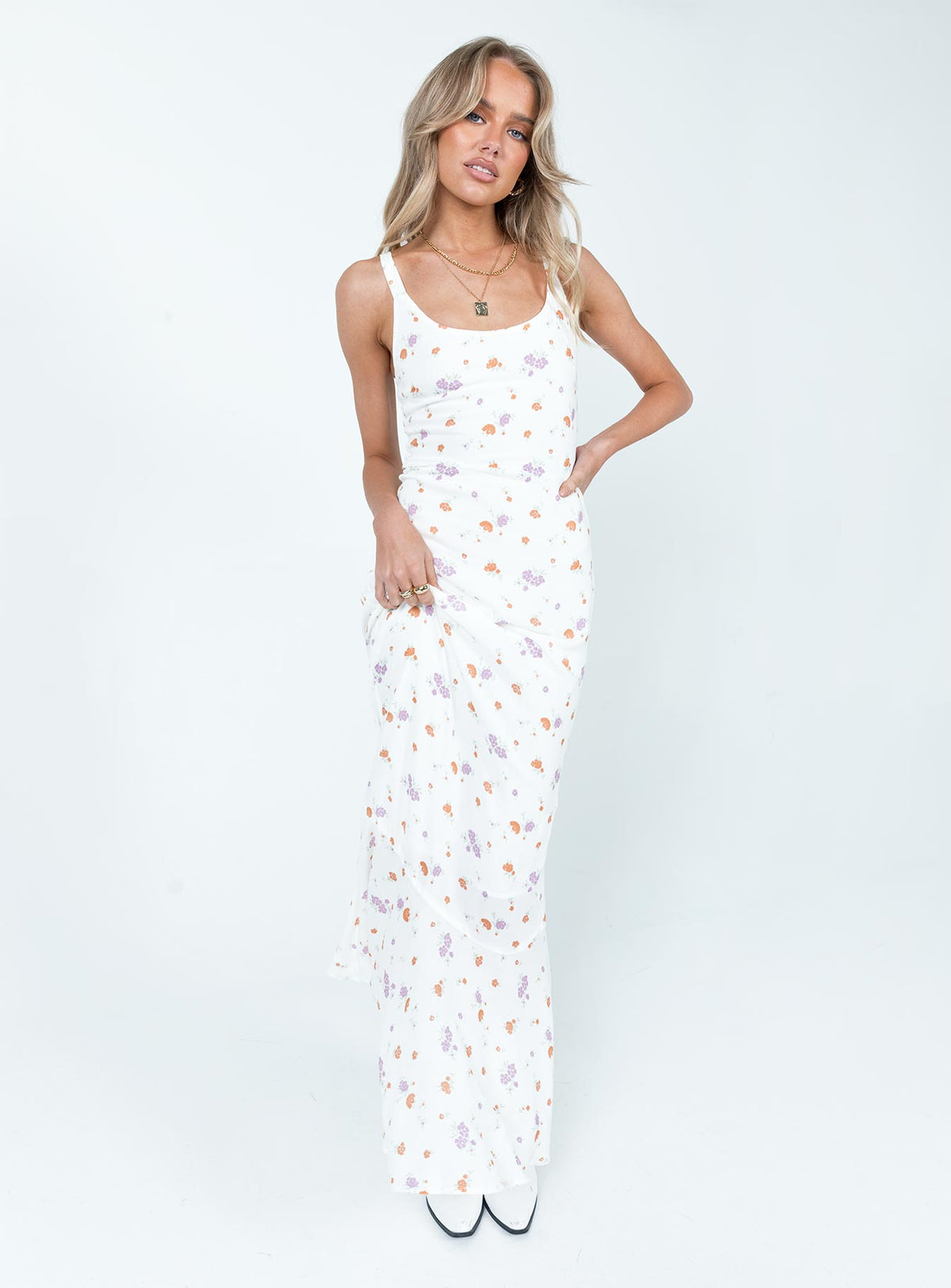 side view of model wearing Princess Polly Curtis Maxi Dress Multi Scoop Neck 