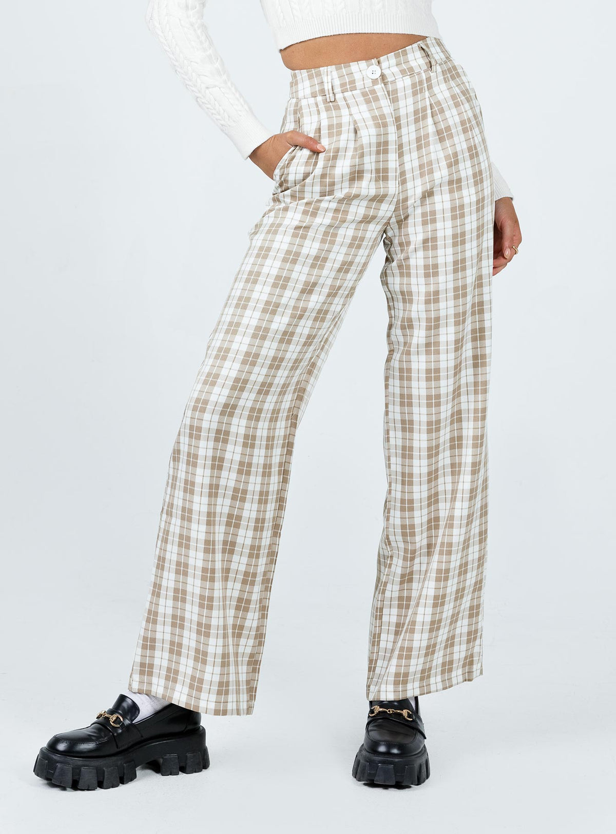 Front view of model wearing  front Princess Polly  Archer Pants Beige Plaid