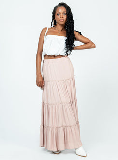   front view of model wearing Princess Polly Miriah Maxi Skirt Beige Maxi Skirts Skirts 