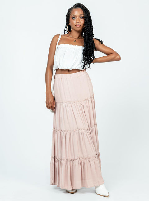   front view of model wearing Princess Polly Miriah Maxi Skirt Beige Maxi Skirts Skirts 