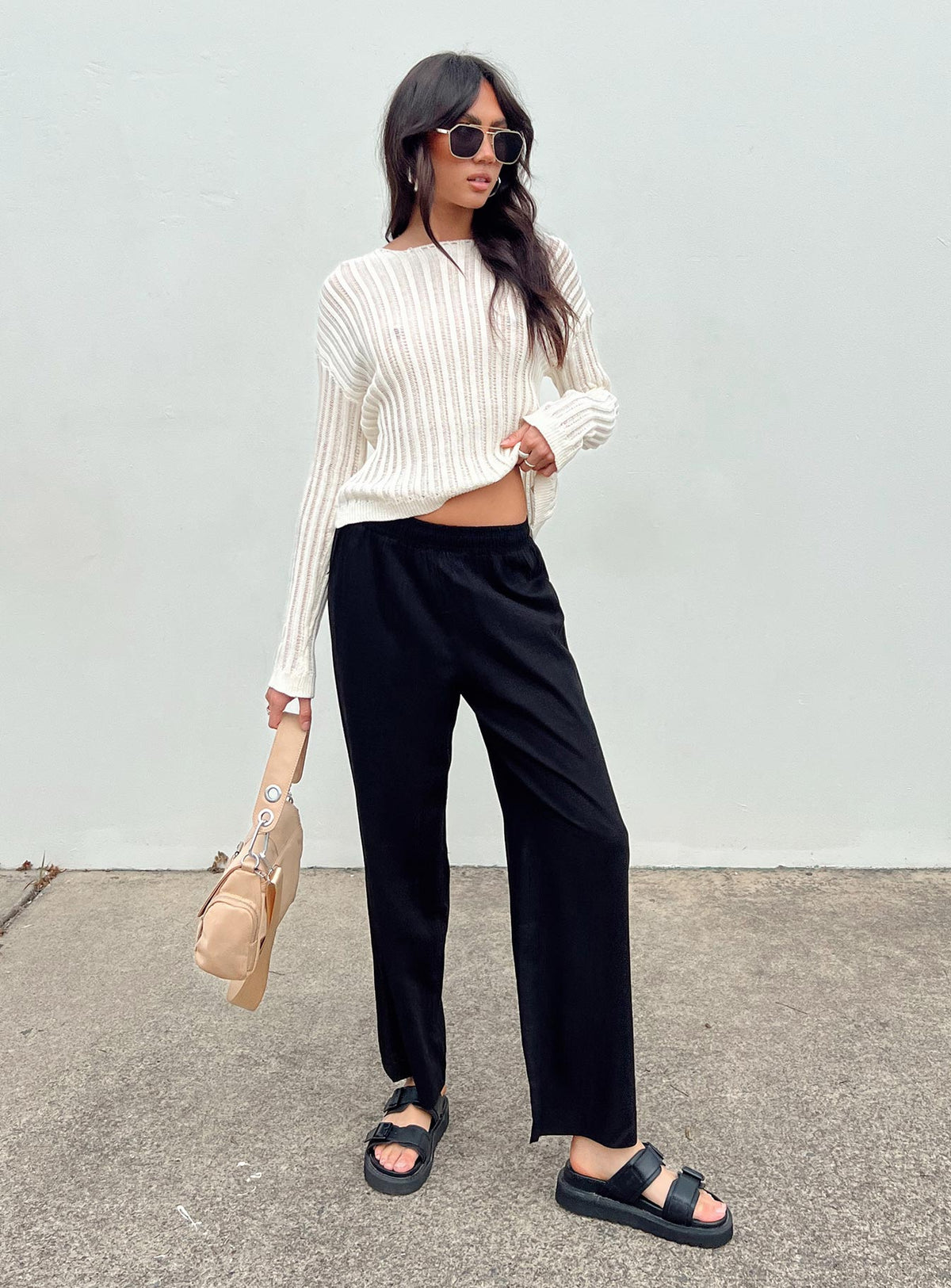 front view of model wearing Princess Polly Louis Linen Blend Pants Black High Rise Pants Pants 