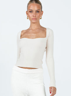 Front view of model wearing  front Princess Polly Full Sleeves Square Neck  Mavins Long Sleeve Top Beige