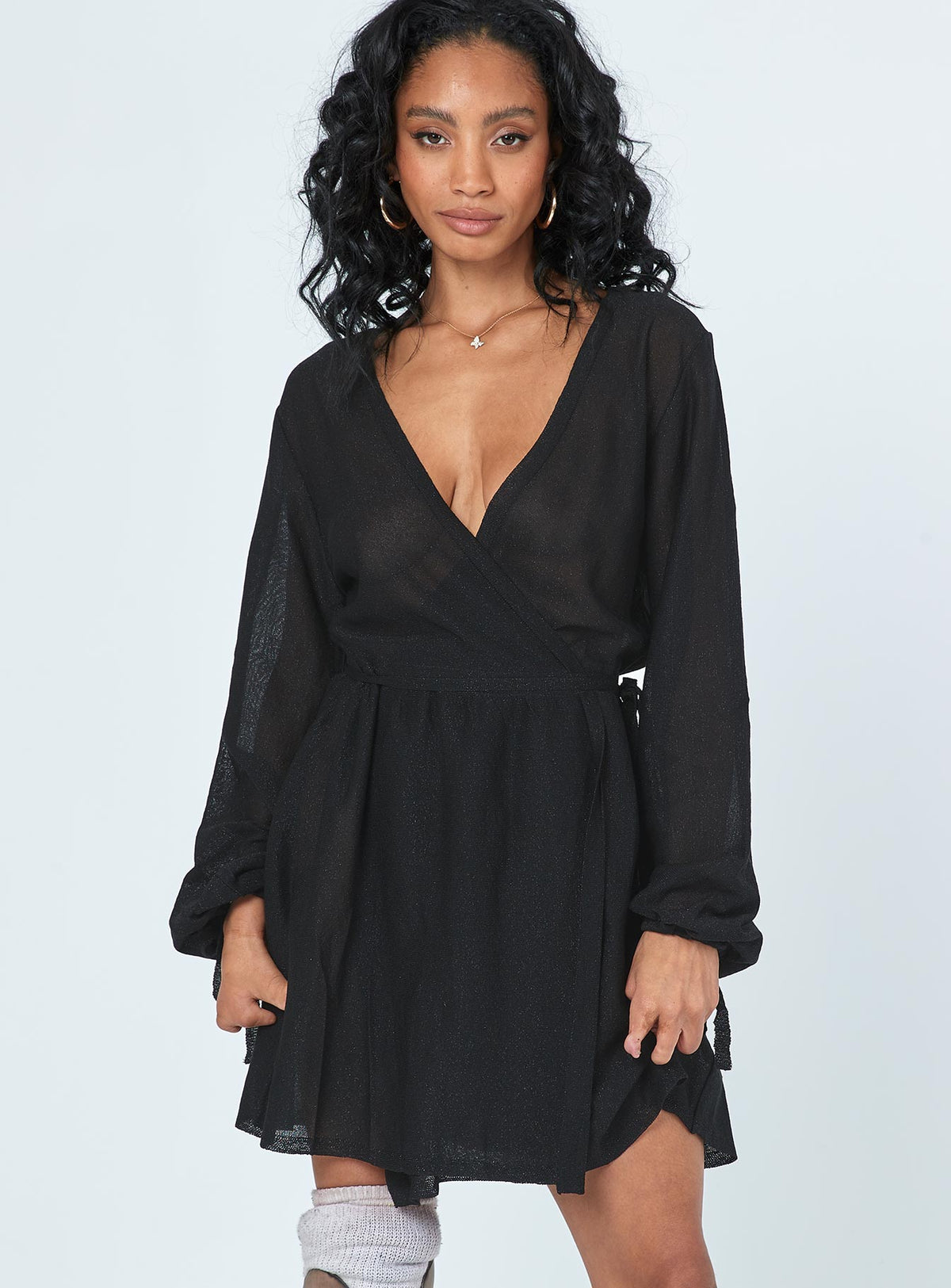 front view of model wearing Princess Polly Chiara Mini Dress Black 