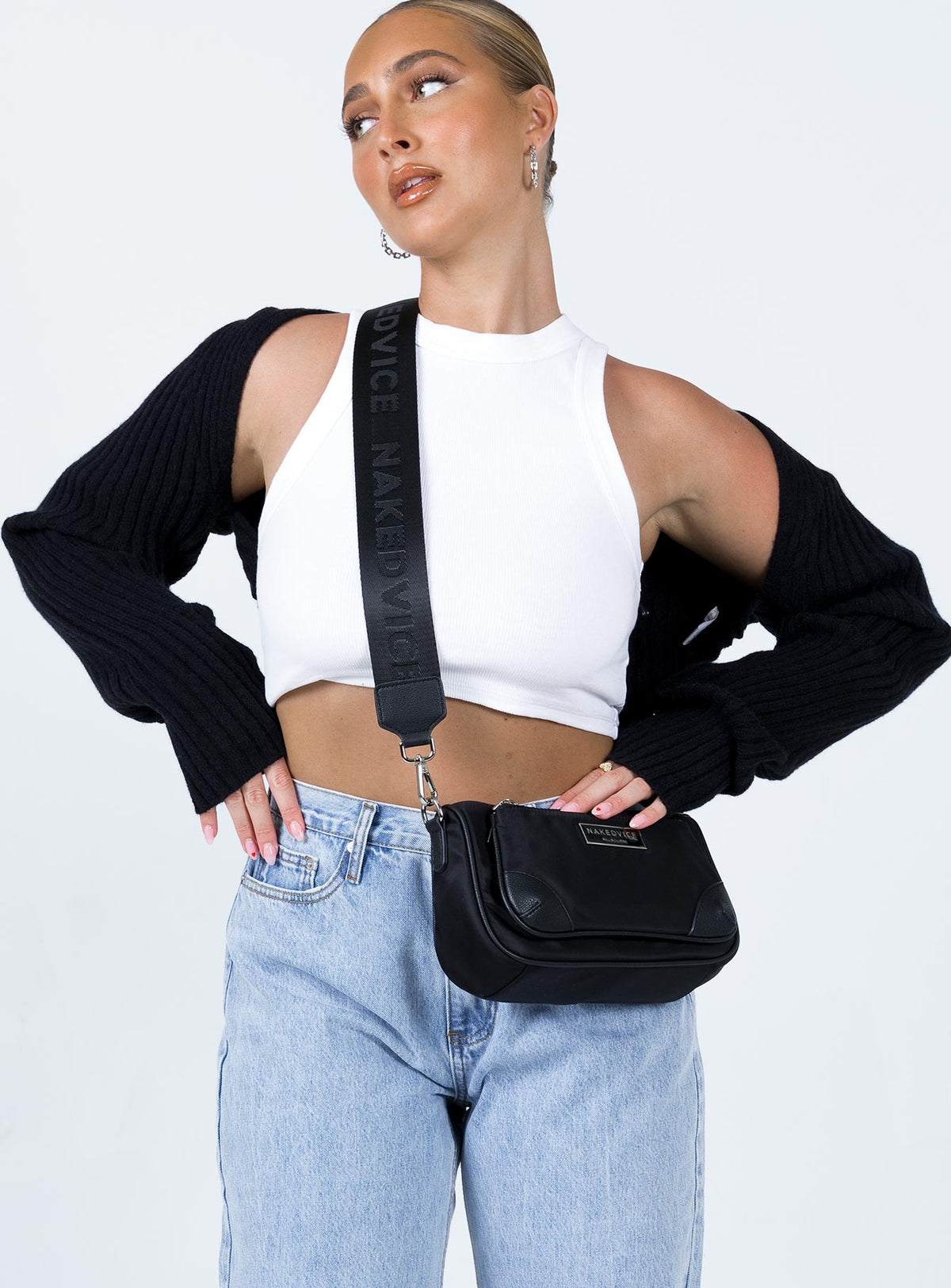 Showcasing Aytan Bolero Sweater Black womens-jumpers in short front view of model wearing Princess Polly