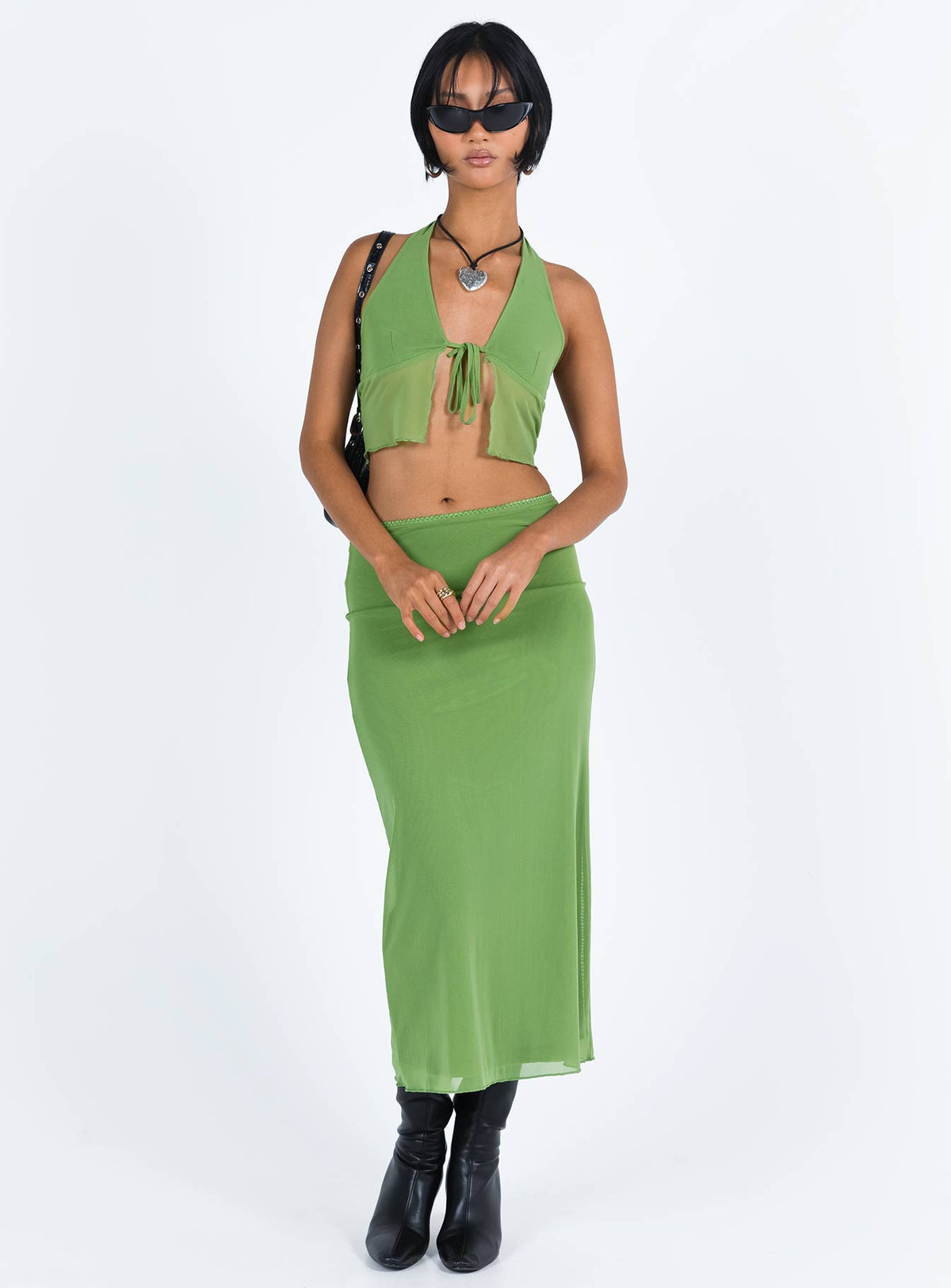 Matching set Mesh material Crop top Halter neck tie Split hem Tie fastening at bust Maxi skirt Low rise Good stretch Partially lined
