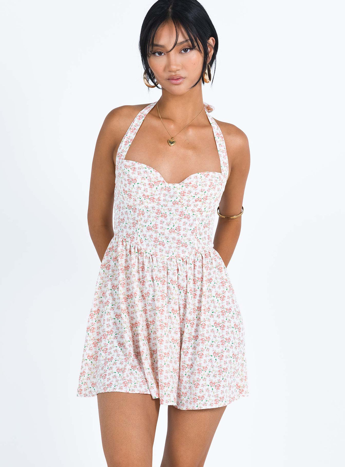 Front view of model wearing  front Princess Polly Sweetheart Neckline  Lyle Mini Dress Pink Floral