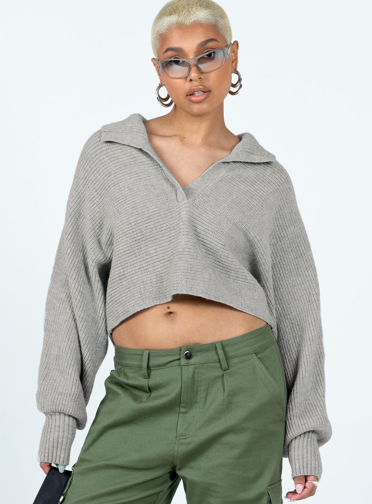 front view of model wearing Princess Polly Tiara Cropped Sweater Grey Cropped Jumpers Jumpers 