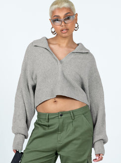 front view of model wearing Princess Polly Tiara Cropped Sweater Grey Cropped Jumpers Jumpers 