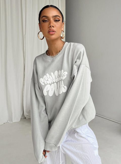 back view of model wearing Princess Polly Princess Polly Crew Neck Sweatshirt Bubble Text Grey / Cloud White Longline Jumpers Jumpers 
