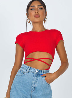 front view of model wearing Princess Polly Nicola Bodysuit Red Short Sleeve Bodysuit 