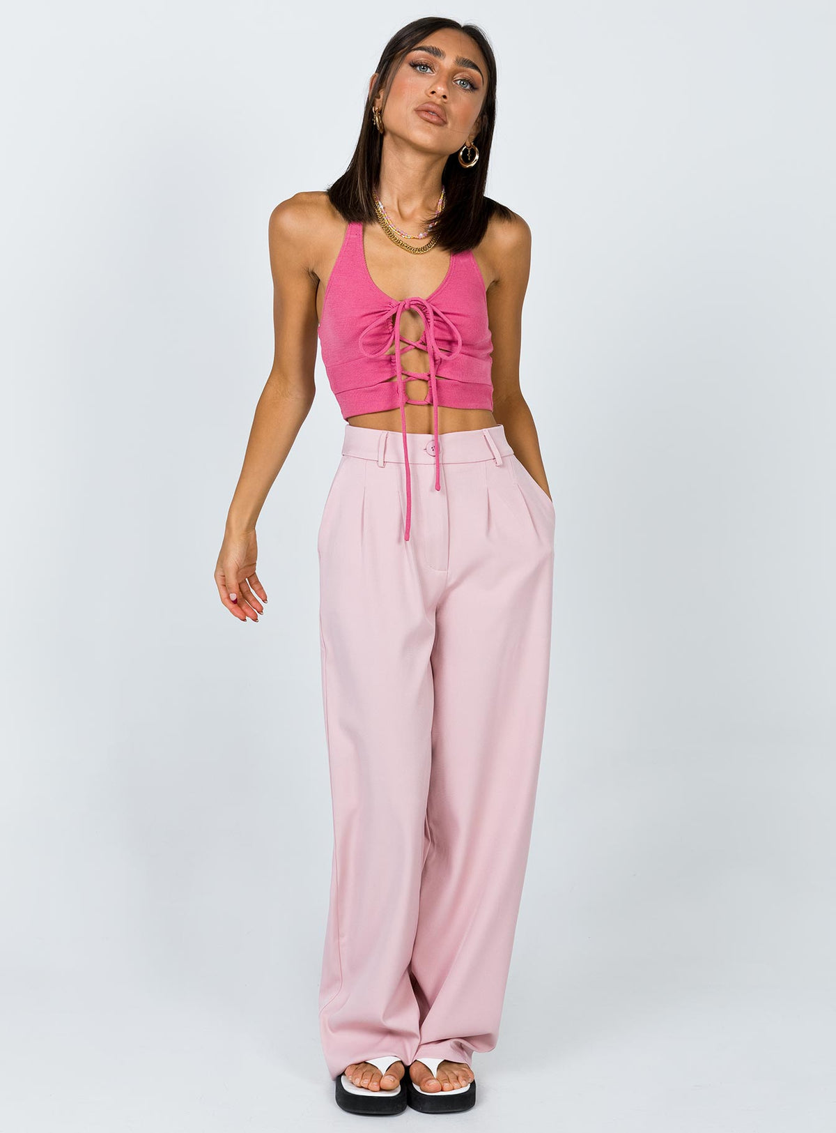 front view of model wearing Princess Polly Archer Pants Pink Pants 