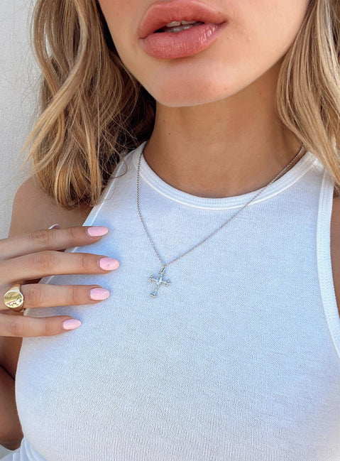 Necklace Dainty silver-toned chain Cross drop charm Diamante detailing Lobster clip fastening