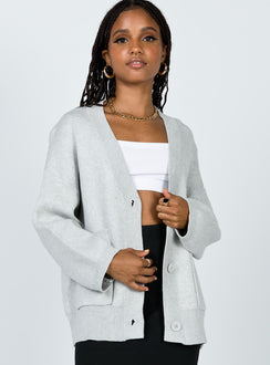 front view of model wearing Princess Polly Burke Cardigan Grey Jumpers 