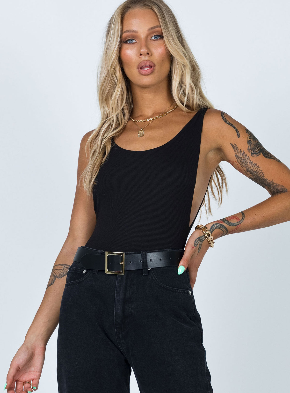front view of model wearing Princess Polly Yolando Bodysuit Black Sleeveless Bodysuit 