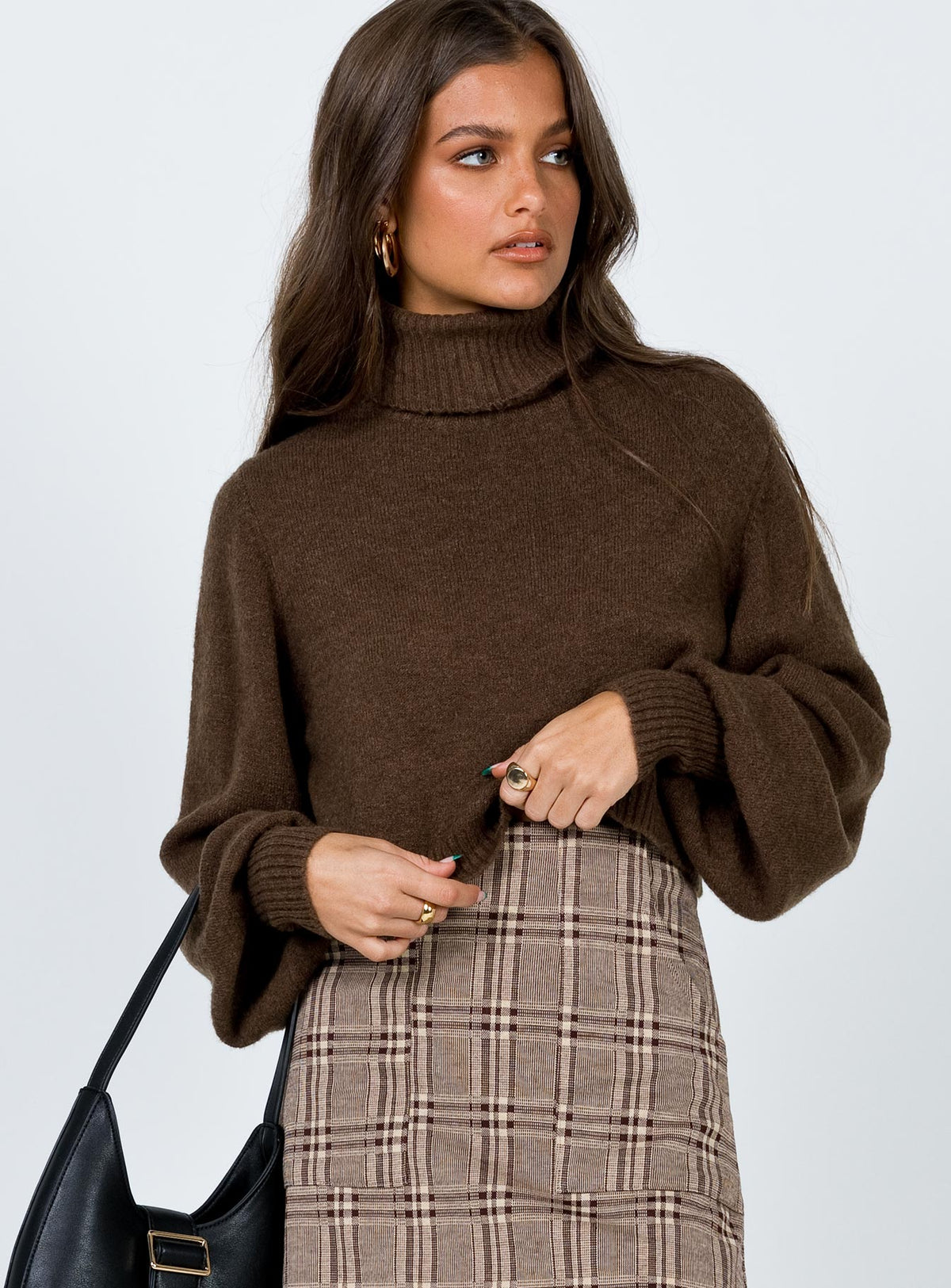 front view of model wearing Princess Polly Zahara Cropped Turtleneck Sweater Brown Cropped Jumpers Jumpers 