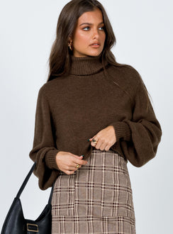 front view of model wearing Princess Polly Zahara Cropped Turtleneck Sweater Brown Cropped Jumpers Jumpers 