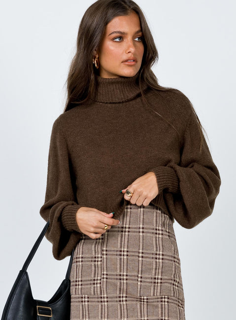 front view of model wearing Princess Polly Zahara Cropped Turtleneck Sweater Brown Cropped Jumpers Jumpers 