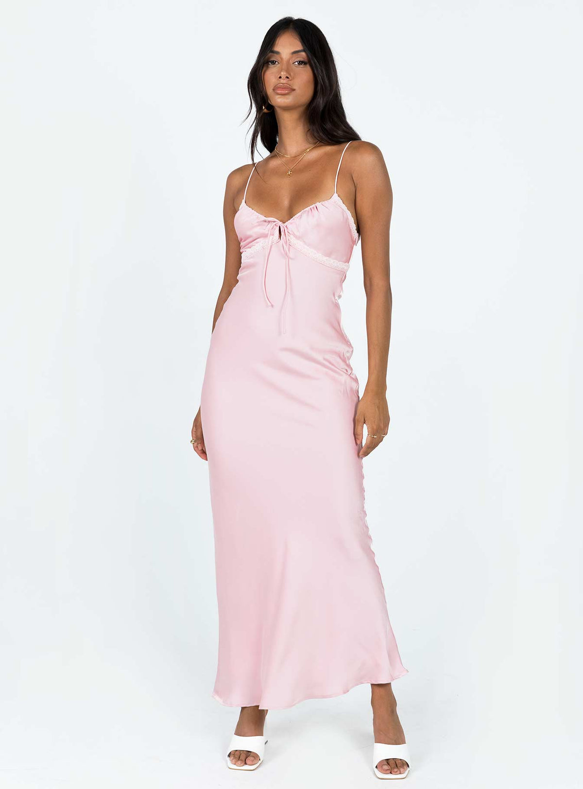 Front view of model wearing  front Princess Polly Asymmetric Neckline  Emily Maxi Dress Pink