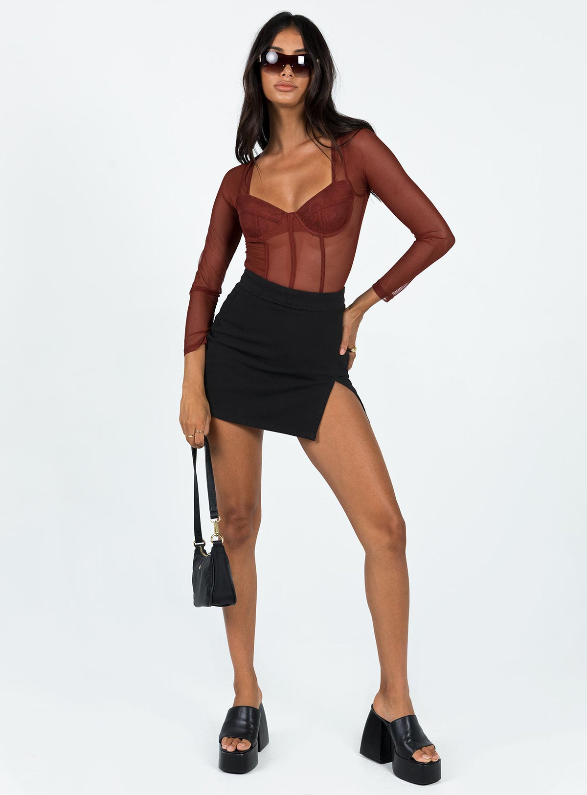 front view of model wearing Princess Polly Leonie Bodysuit Brown Full Sleeves Sweetheart 