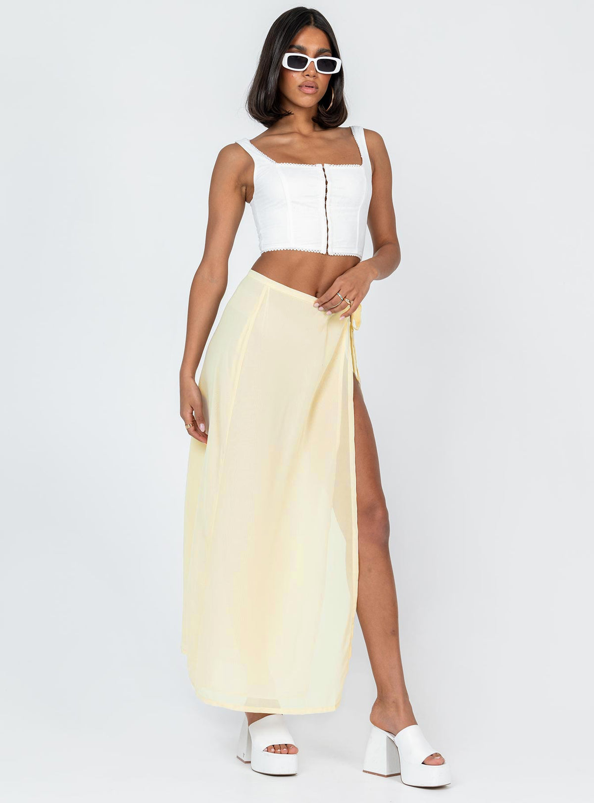 front view of model wearing Princess Polly Bryleigh Top White Sleeveless Square Neck 