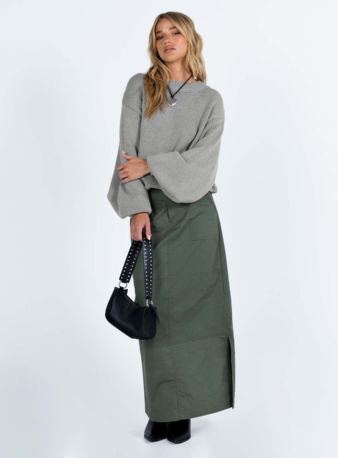 back view of model wearing Princess Polly Harmony Balloon Sleeve Knit Sweater Grey Longline Jumpers Jumpers 