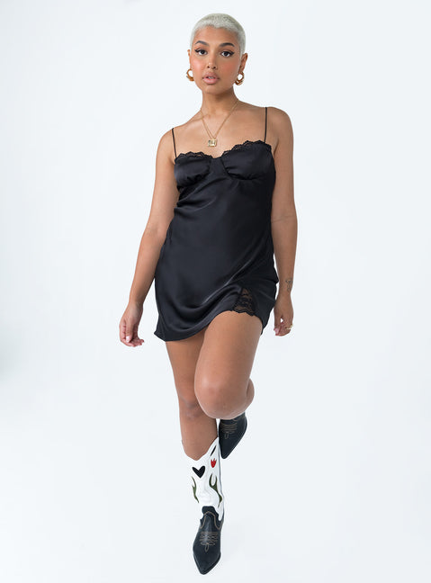 front view of model wearing Princess Polly Snowbird Mini Dress Black Sweetheart Neckline 
