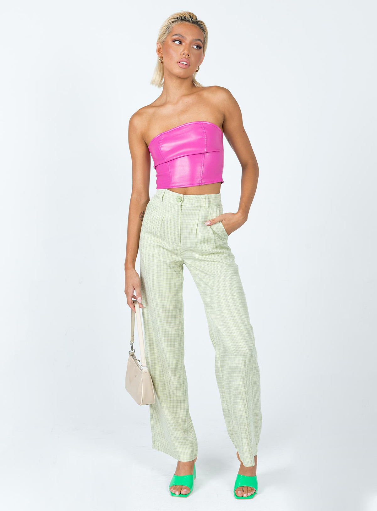 front view of model wearing Princess Polly Archer Pants Green Check Pants 