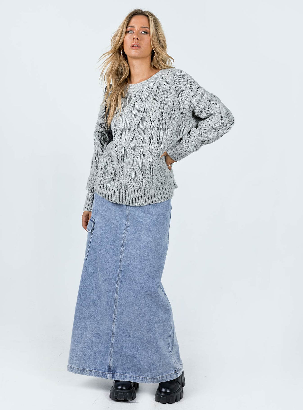 front view of model wearing Princess Polly Anaya Oversized Sweater Grey Jumpers 