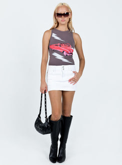 back view of model wearing Princess Polly Faya Low Rise Denim Mini Skirt White Mini Skirts Skirts 