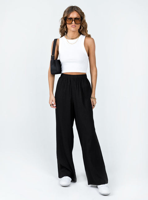 front view of model wearing Princess Polly Louis Linen Blend Pants Black High Rise Pants Pants 