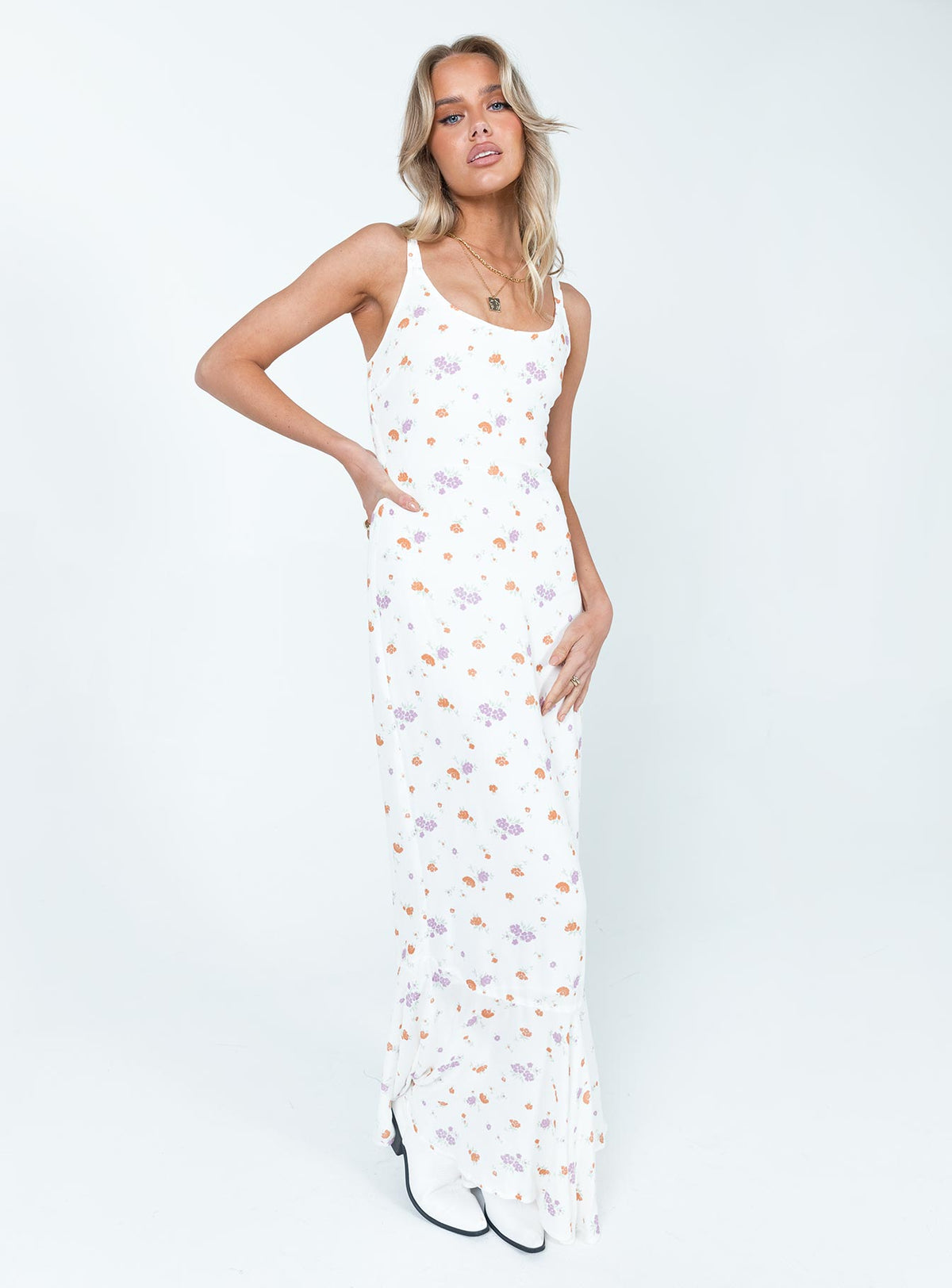 front view of model wearing Princess Polly Curtis Maxi Dress Multi Scoop Neck 