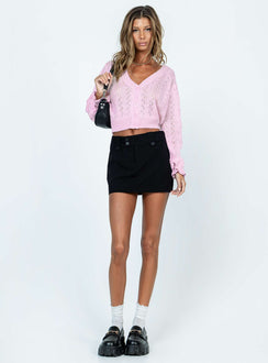 Designed with Lyric Cropped Cardigan Pink womens-jumpers in short length side view of model wearing Princess Polly