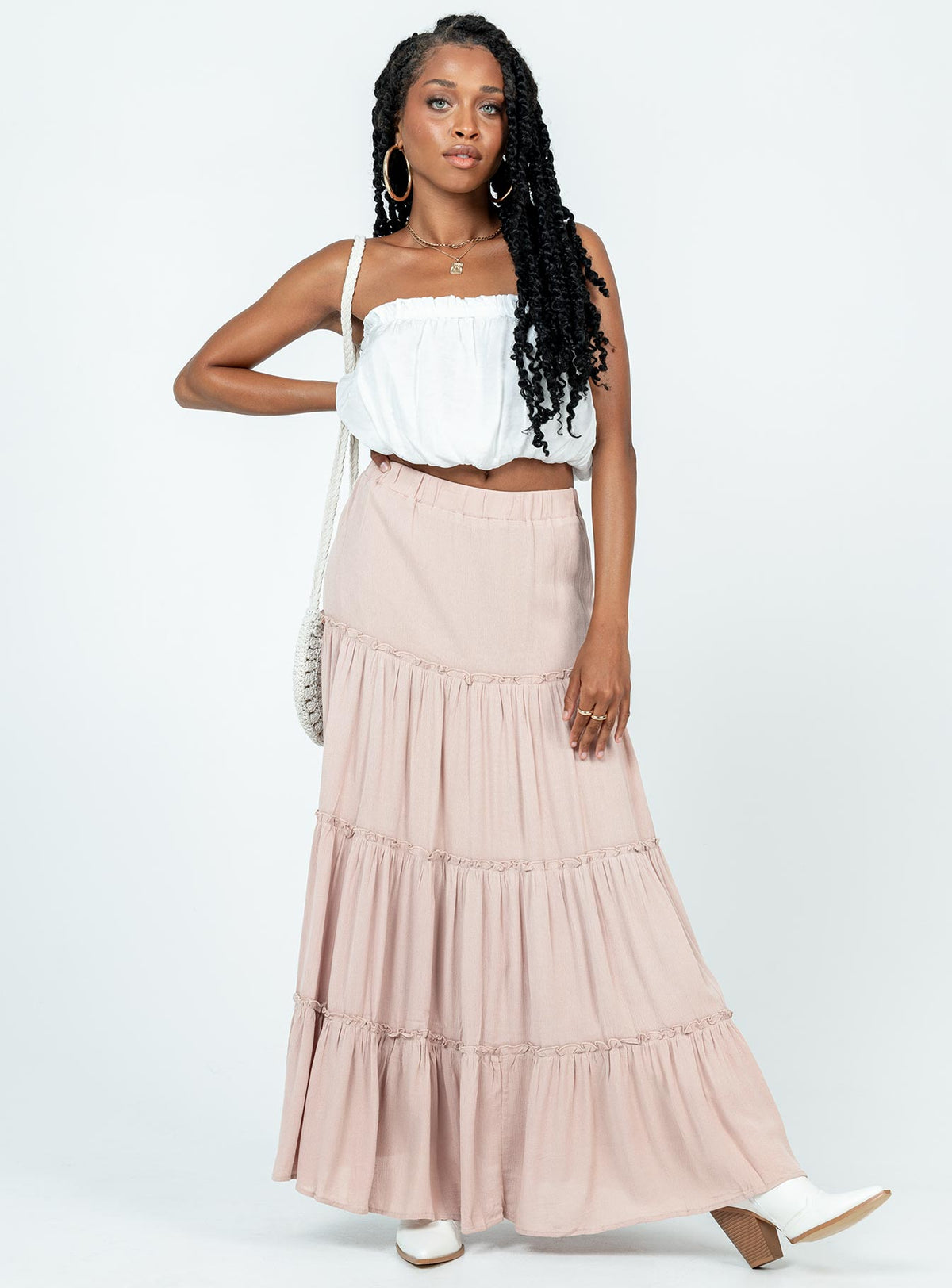   front view of model wearing Princess Polly Miriah Maxi Skirt Beige Maxi Skirts Skirts 