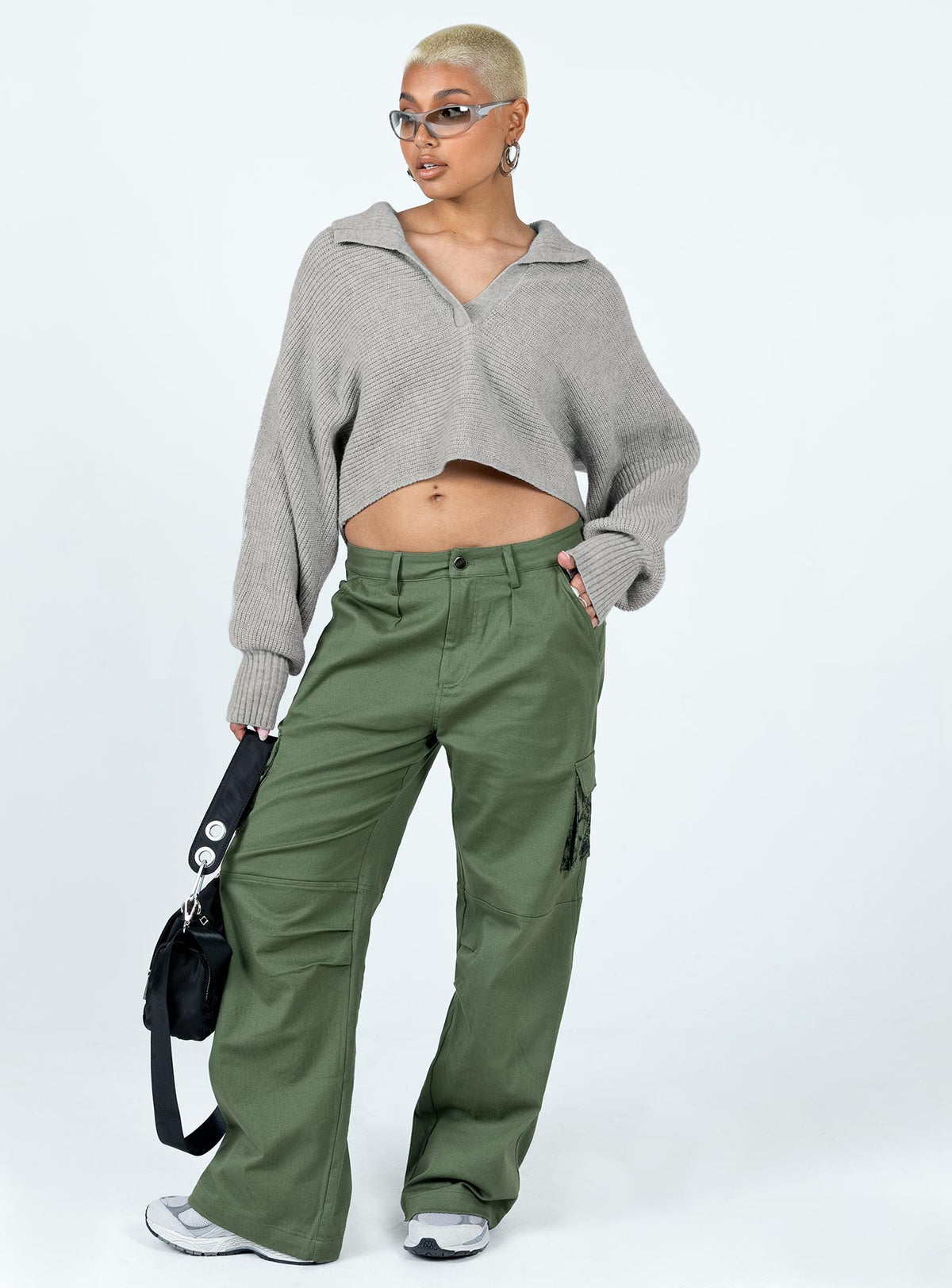 front view of model wearing Princess Polly Tiara Cropped Sweater Grey Cropped Jumpers Jumpers 