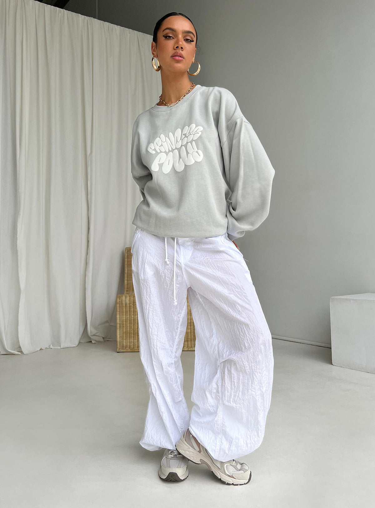 front view of model wearing Princess Polly Princess Polly Crew Neck Sweatshirt Bubble Text Grey / Cloud White Longline Jumpers Jumpers 