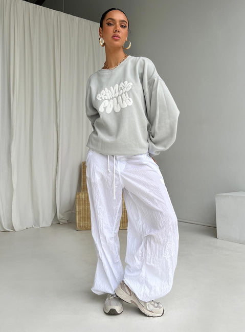 front view of model wearing Princess Polly Princess Polly Crew Neck Sweatshirt Bubble Text Grey / Cloud White Longline Jumpers Jumpers 