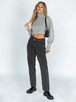front view of model wearing Princess Polly Zahara Cropped Turtleneck Sweater Grey Jumpers 