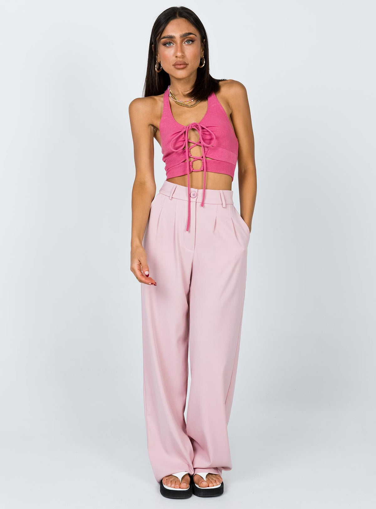 front view of model wearing Princess Polly Archer Pants Pink Pants 
