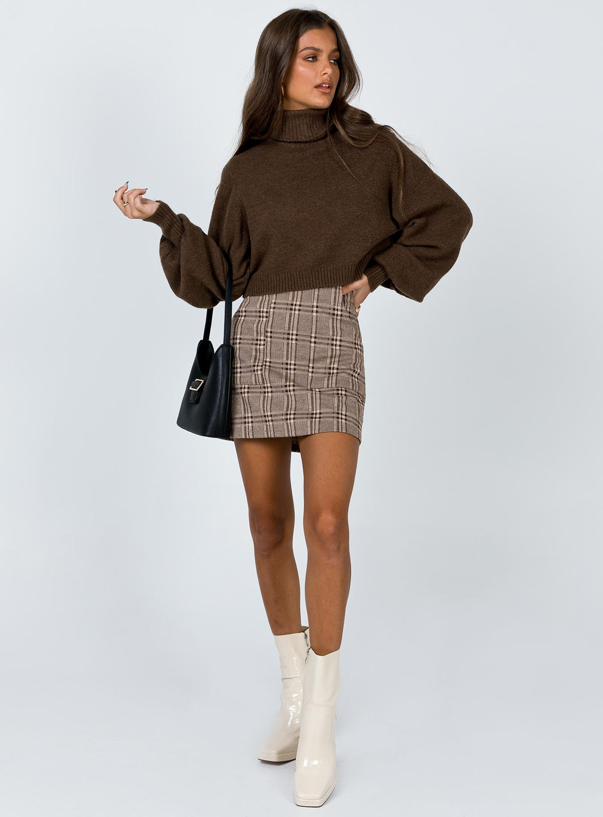 front view of model wearing Princess Polly Zahara Cropped Turtleneck Sweater Brown Cropped Jumpers Jumpers 