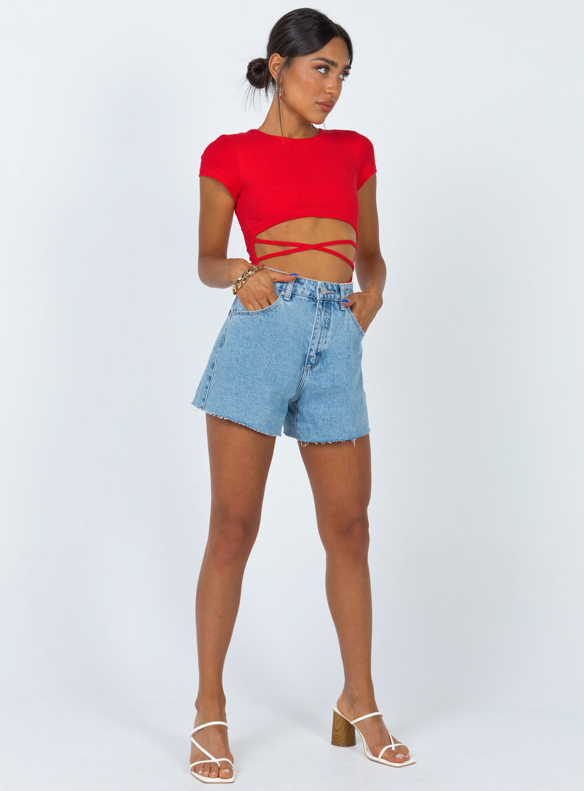 front view of model wearing Princess Polly Nicola Bodysuit Red Short Sleeve Bodysuit 