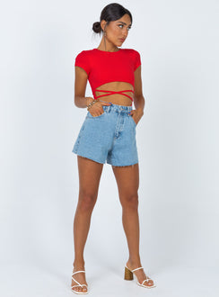 front view of model wearing Princess Polly Nicola Bodysuit Red Short Sleeve Bodysuit 